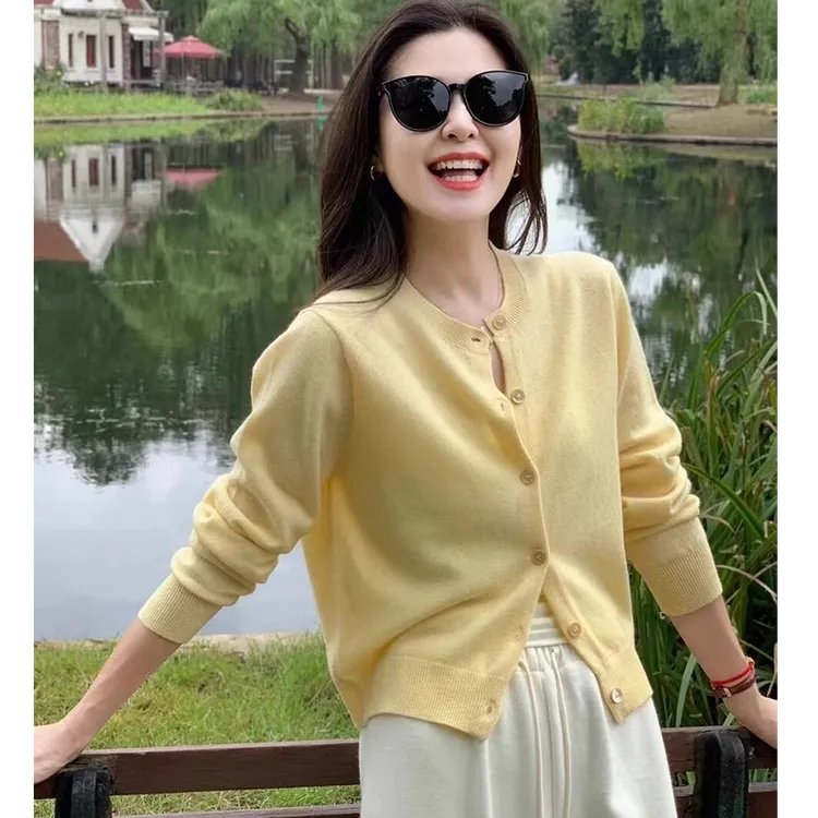 黄色长袖针织开衫外套女2025春秋新款高级感气质休闲显瘦短款上衣