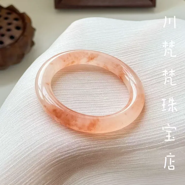 新疆金丝玉手镯天然桃花酿手镯高冰余太翠玉镯子透粉色少女送礼物