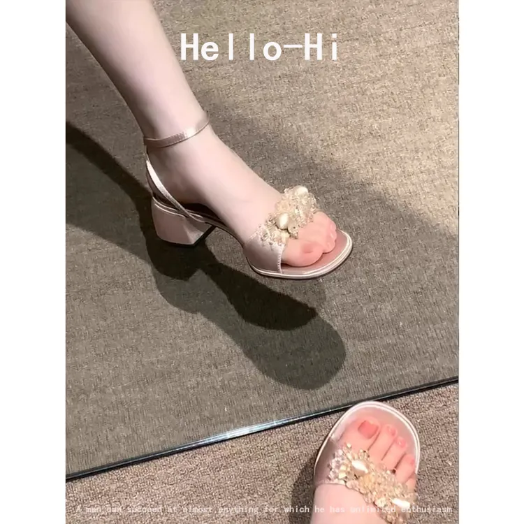 羊皮版~仙女风水晶一字带粗跟凉鞋女2025新款粉色法式露趾凉拖鞋