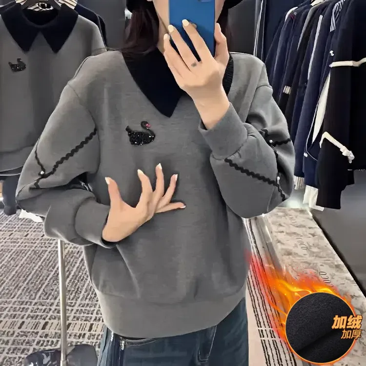 2670【加绒加厚】灰色卫衣秋冬洋气减龄宽松翻领上衣