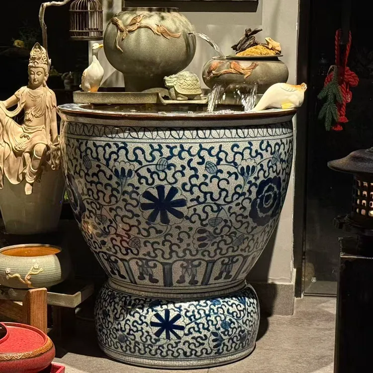 高端手绘冰裂纹大缸搭配水草用于养鱼流水造景搭配