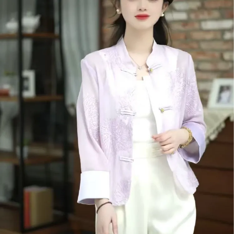 中国风盘扣女外套春夏时尚提花新中式直下摆重工刺绣气质上衣
