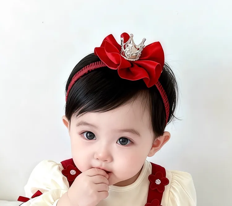 婴儿发带时尚宝宝皇冠红色花朵发饰婴幼儿女童蝴蝶结头花拍照头饰