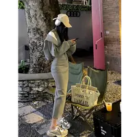 A587 秋季运动卫衣帽衫外套休闲百搭灰色长款吊带连衣裙两件套装