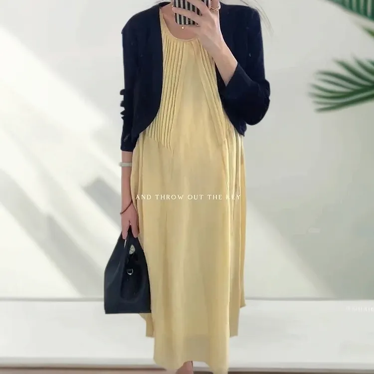 时髦孕妇2025新款春夏柠檬黄显白小灯泡背心裙开衫洋气显瘦连衣裙