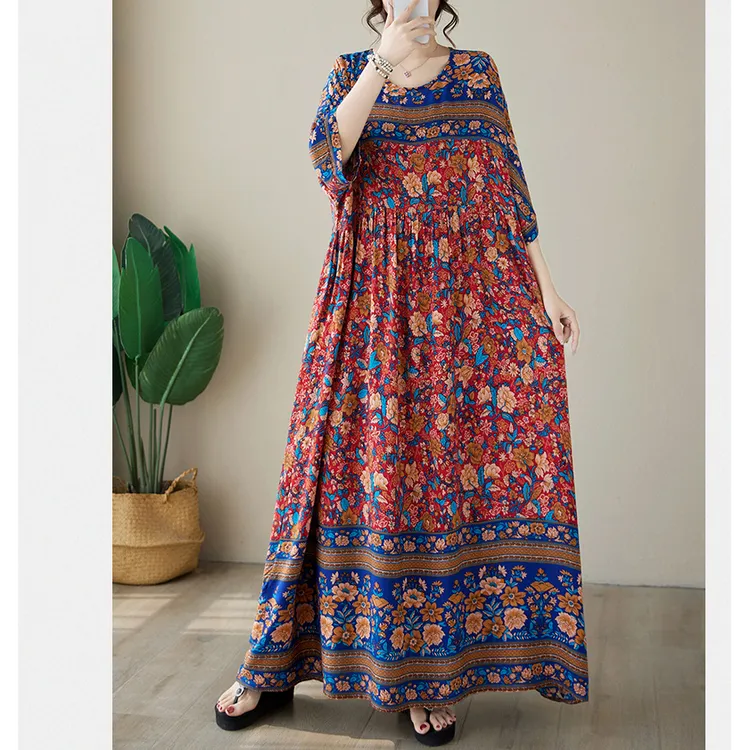 波西米亚印花大码宽松连衣裙夏季时尚气质圆领五分袖休闲大摆长裙