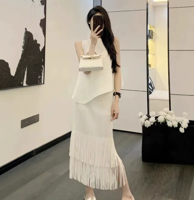 三宅流苏半身裙 褶皱裙夏季A字裙中长显瘦百褶裙仙女半身裙包裹裙