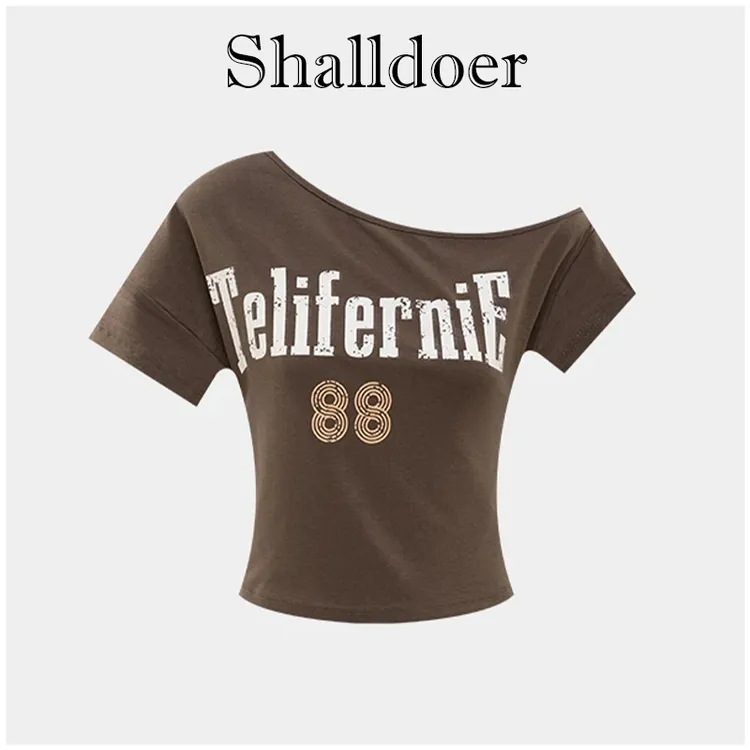 2025夏季假日风字母印花斜肩短袖T恤夏季休闲宽松小衫T恤女