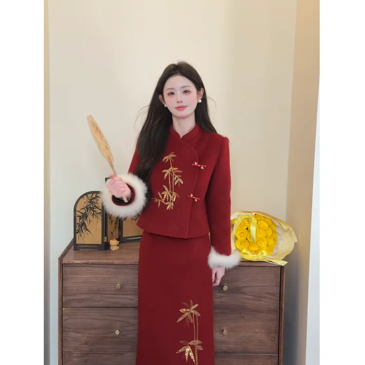 【金竹韵】<77>新中式红金撞色珠片绣羽绒外套+半身裙套装XMZH9987