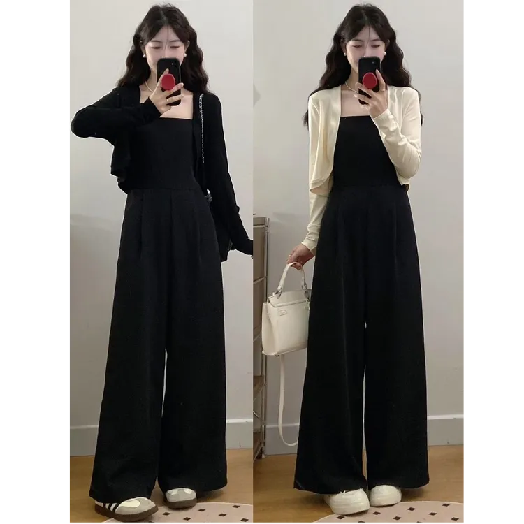 2025春季新款黑色收腰显高吊带连体裤阔腿裤+开衫外套两件套套装