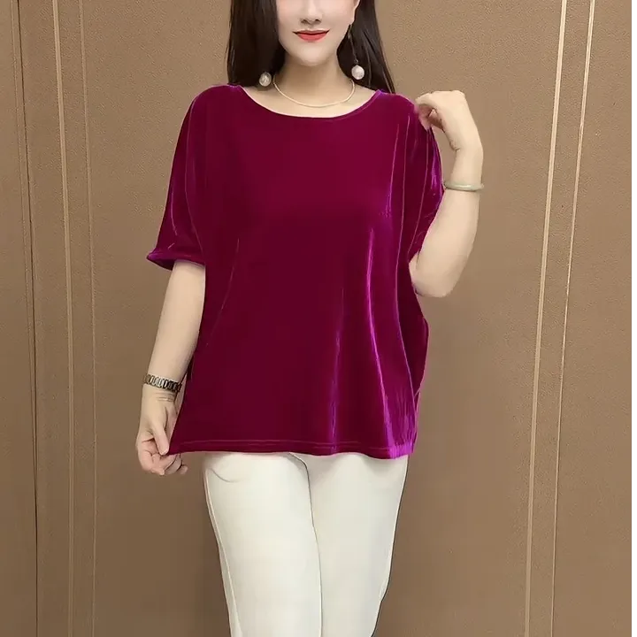 2025新款丝绒感高档女士装休闲短袖夏季薄款圆领纯色修身显瘦T恤