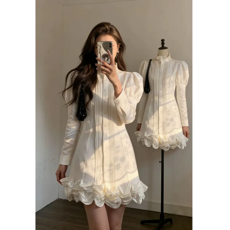 春秋季甜美风减龄新款复古双层花边连衣裙胖妹妹高级感衬衫短裙子