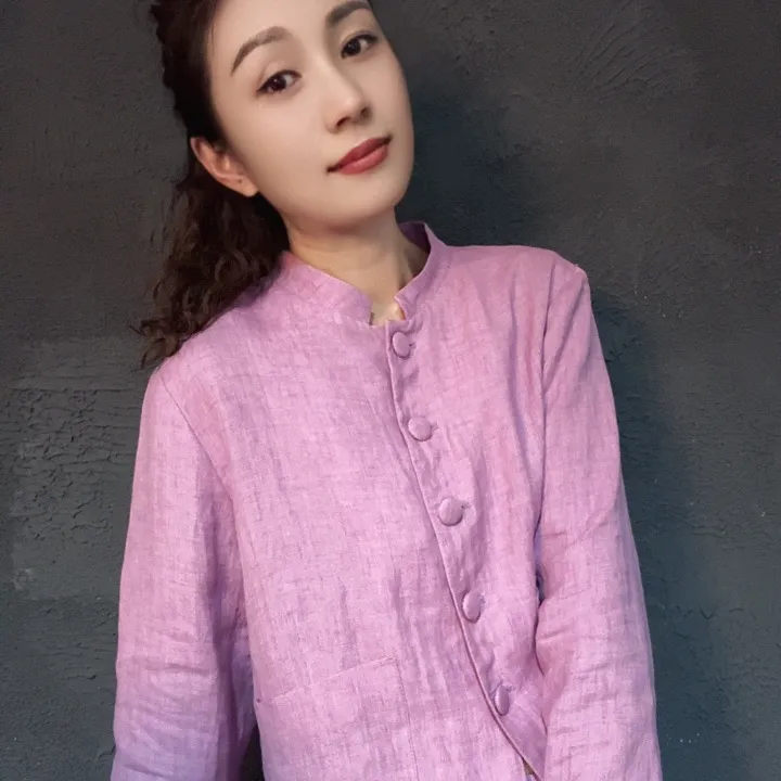 原创新款樱花粉亚麻小立领带里子长袖带兜短开衫（定制款）