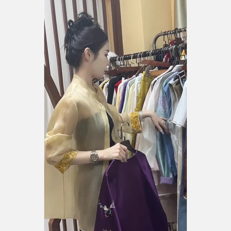 新中式女装国风杏色欧根纱上衣气质高端独特别致薄款防晒衬衫女夏
