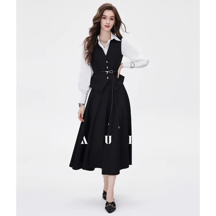 AUI黑色千金清冷感无袖马甲背心女秋装新款半身裙两件套25W100292