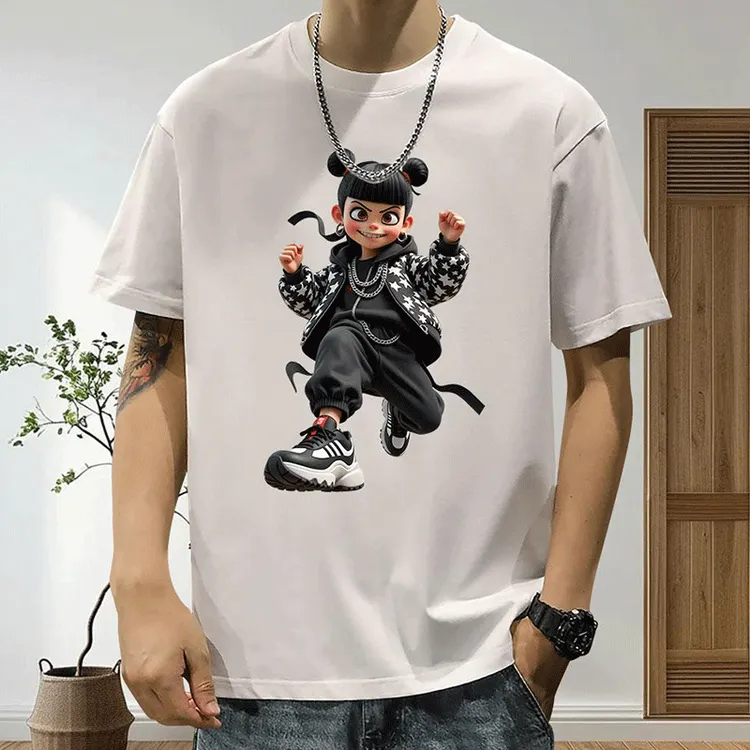 新款夏季国潮个性哪吒印花宽松高级设计男款百痞帅搭圆领纯棉短袖