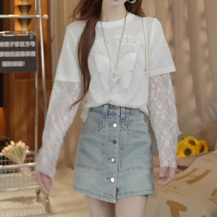 夏季新款蝴蝶长袖假两件拼接T恤+百搭显瘦牛仔裤裙LK2504752