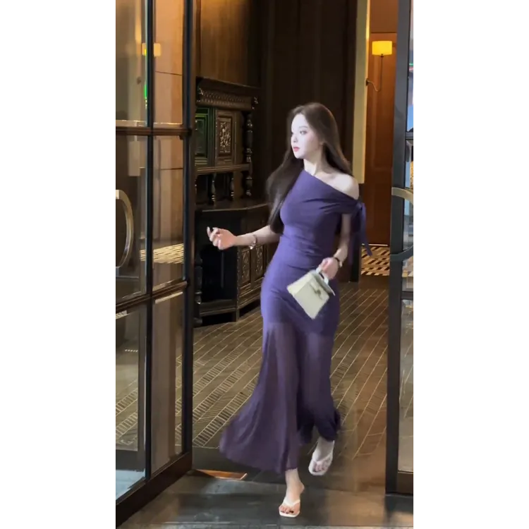parkyeon绝美紫色韵味气质不规则系带连衣裙女夏季修身显瘦长裙
