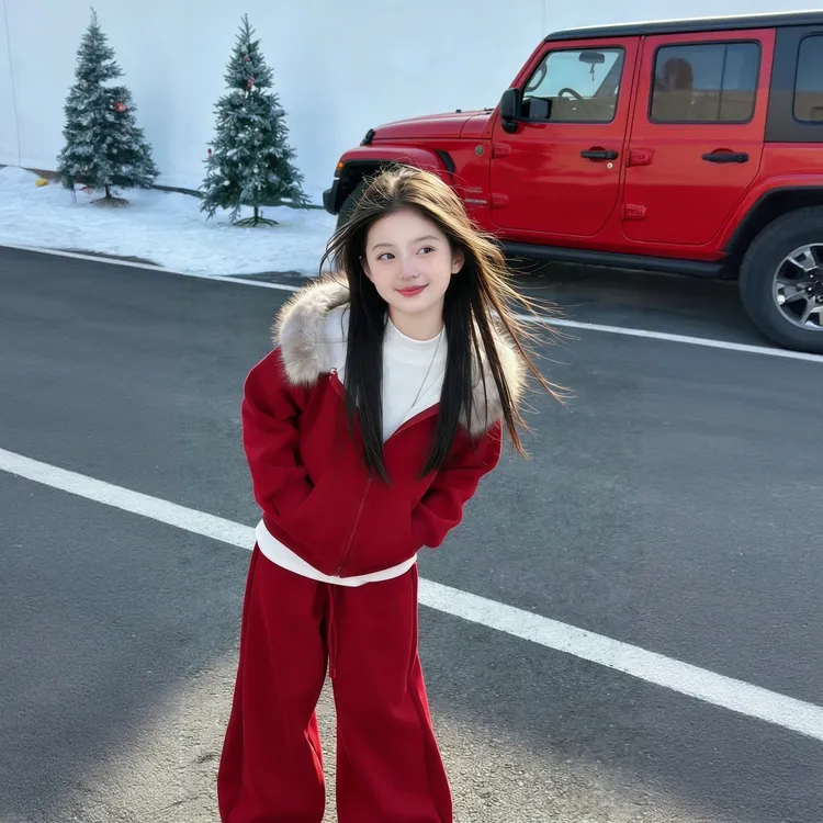 女童冬款加绒拜年套装2025新款中大童保暖红色休闲洋气加厚两件套