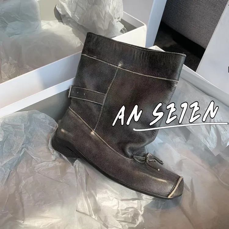 ANSE7EN/复古ins爆裂纹中筒靴26ss新款芭蕾舞靴法式千金时装靴