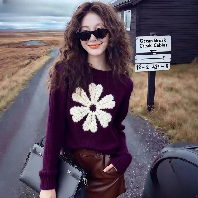 轻奢风洋气紫色朵粗线毛衣2025秋冬复古软糯宽松高级打底针织衫女