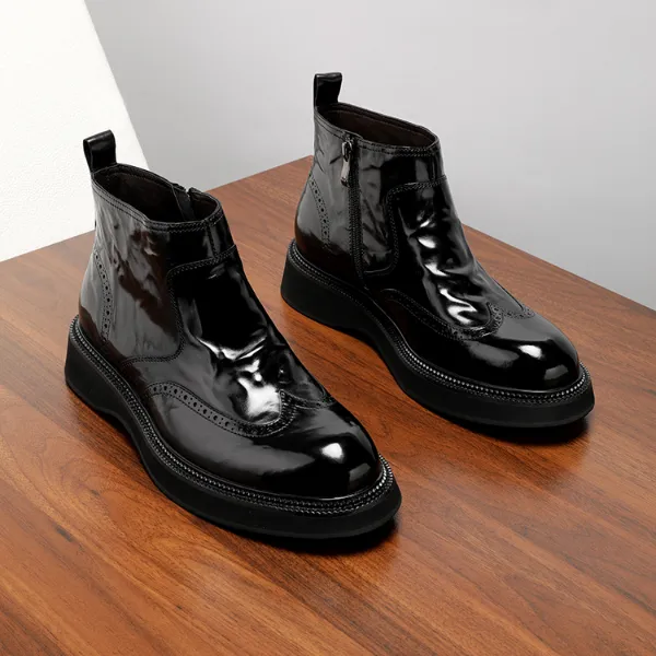 【胎牛皮】布洛克切尔西靴男真皮高帮厚底手抓纹马丁靴冬季加绒短靴