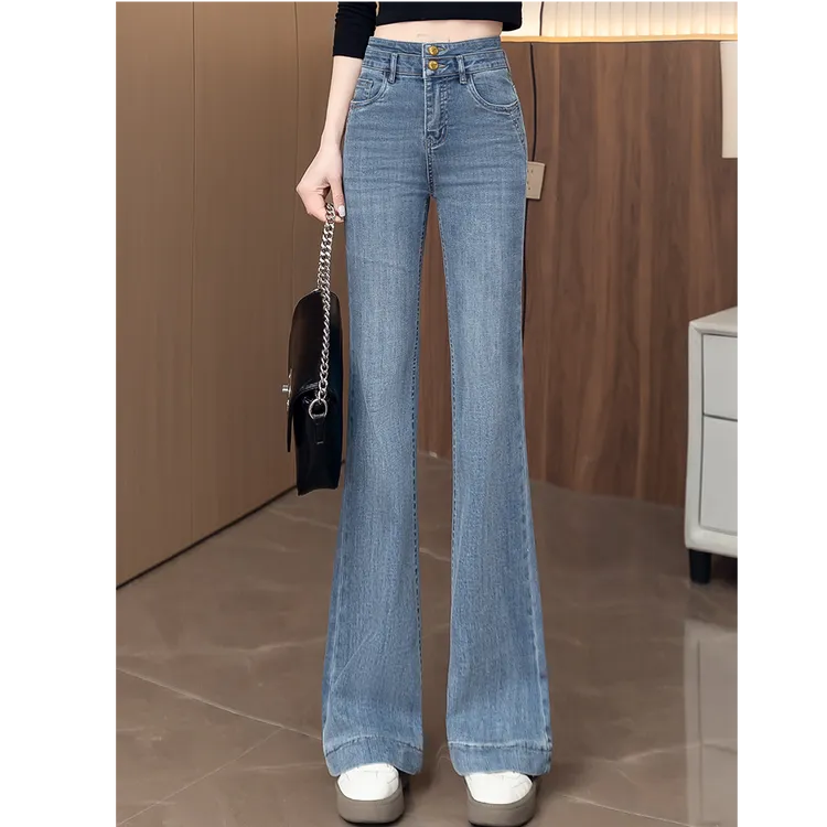 浅蓝色微喇牛仔裤女2025春秋季新款高腰双扣弹力修身喇叭裤鱼尾裤