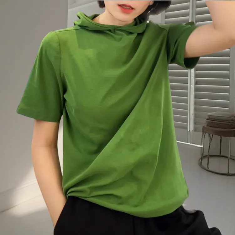 2025春季新款潮流纯色轻薄透气百搭时尚休闲连帽套头半袖女士T恤