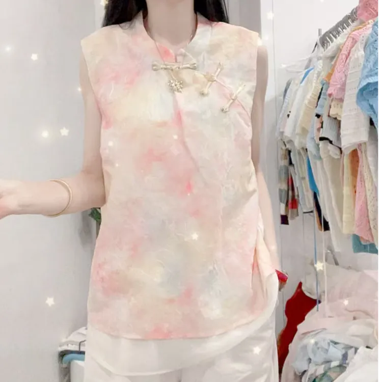 218气质衬衫常规款网红提花复古女装无袖新中式印花夏季