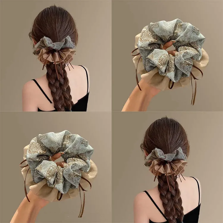 高级感复古碎花飘带大肠发圈女2025新款扎马尾丸子头大号皮筋发绳