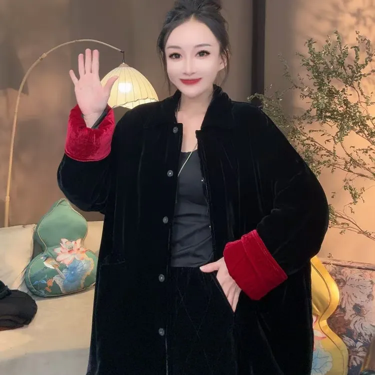 QNH-真丝丝绒翻领松弛感撞色挽袖棉服