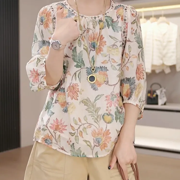 【复古】2025夏季新款复古印花上衣显瘦小衫半袖衬衫碎花短袖上衣