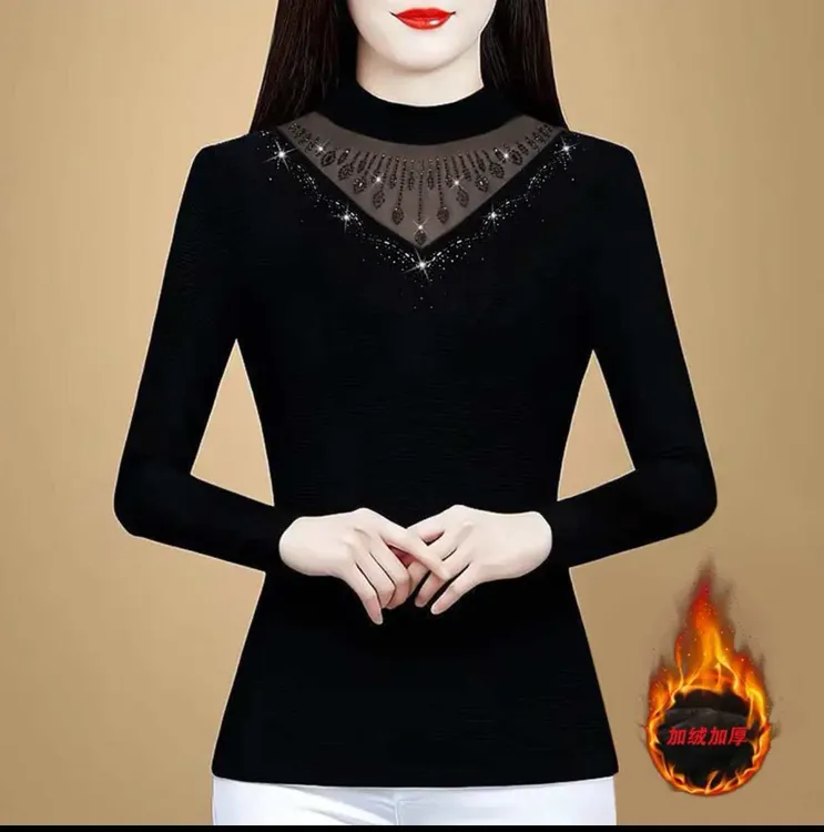 烫钻法式百搭长袖钉珠收腰女士T恤冬季半高领加绒蕾丝打底
