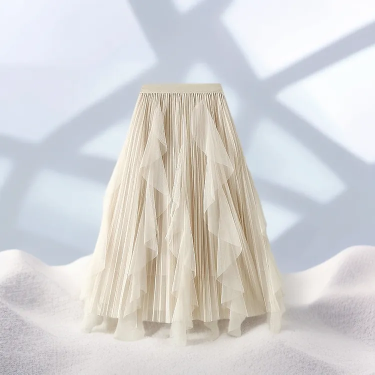 2025春季新款高腰荷叶边拼接网纱裙百搭半身裙女中长款大摆百褶裙