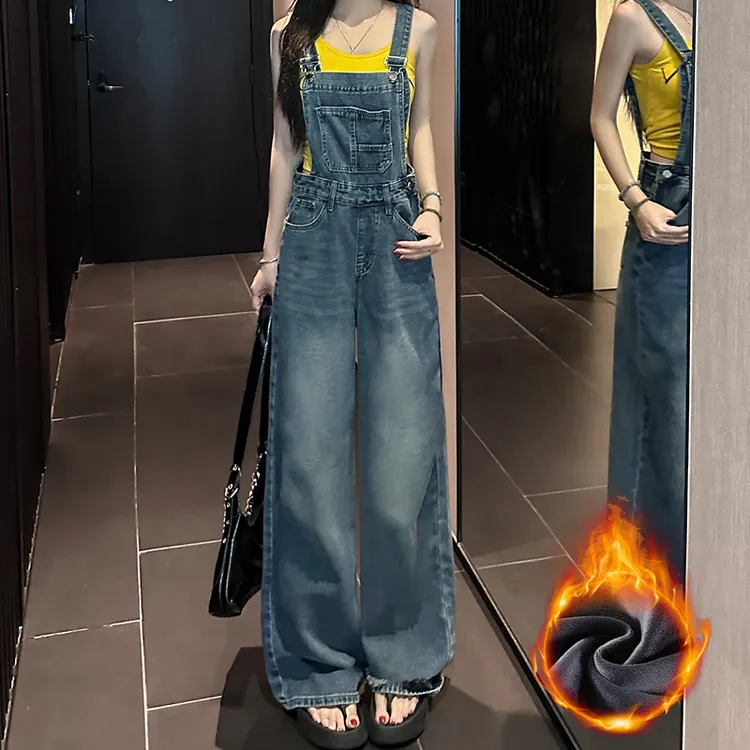 美式复古加绒牛仔背带裤女2025冬季新款设计感宽松减龄小个子直筒