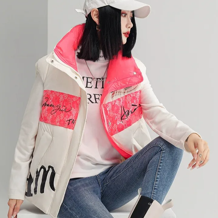 亮片字母设计白鸭绒情侣冬季宽松印花时尚拼接立领潮流韩版马甲
