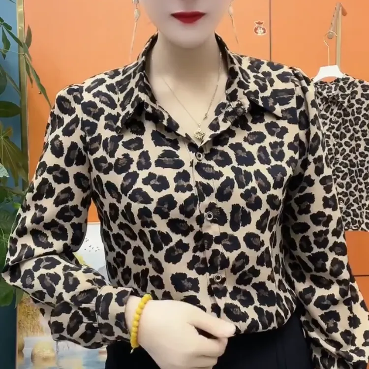 春夏新款外穿女款衬衫长袖时尚洋气小衫高档豹纹减龄上衣宽松显瘦
