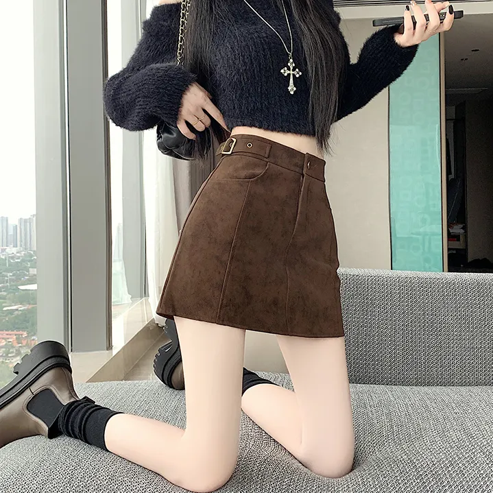 美拉德咖色小个子半身裙女PU丝绒皮a字裙秋冬辣妹百搭包臀裙短裙