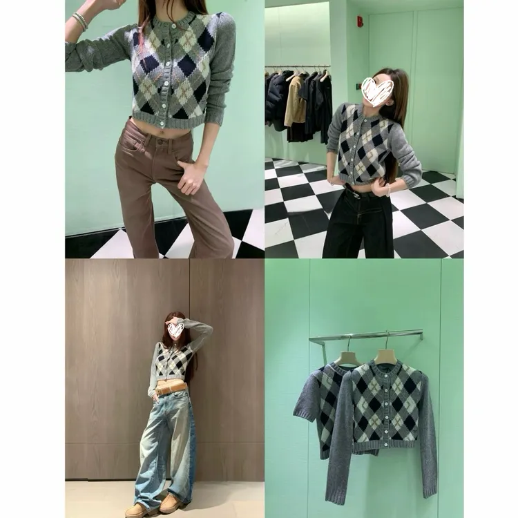 【PRA主角登场】学院风菱格纹圆领长袖秋冬毛衣针织开衫#9330