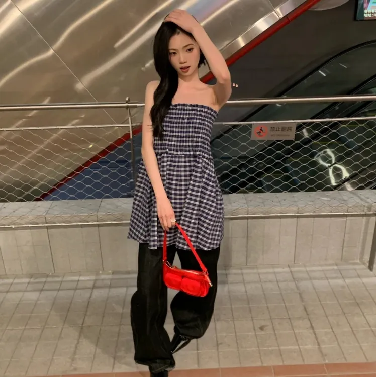 夏季法式小众设计感两穿蓝色格子半身裙女气质抹胸背心裙a字伞裙