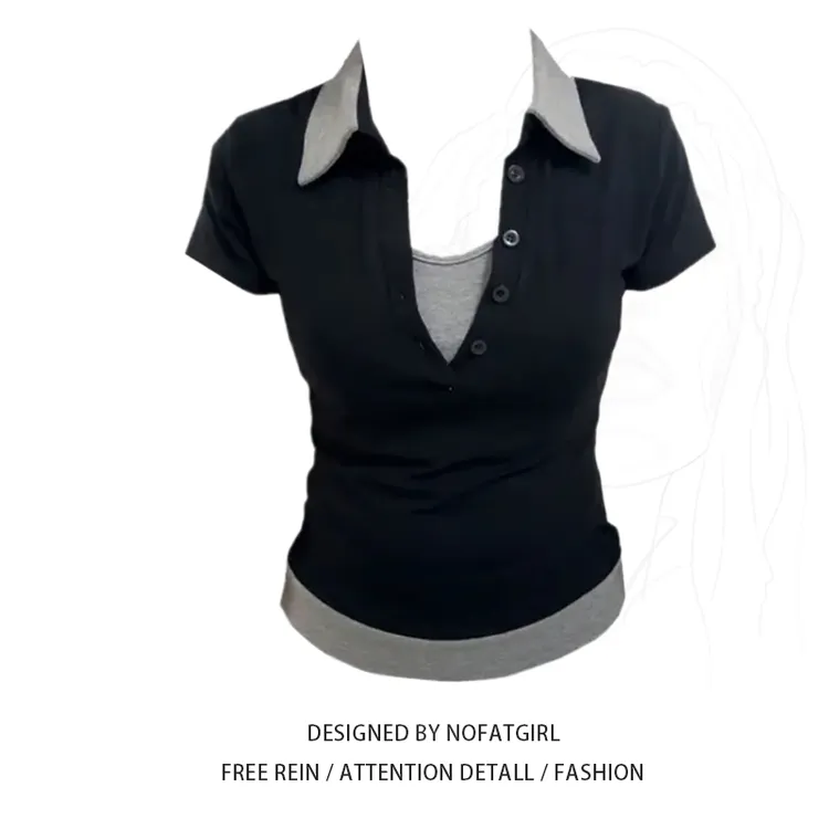 大码胖MM韩系学院风假两件翻领短袖T恤女夏季新款修身设计感上衣