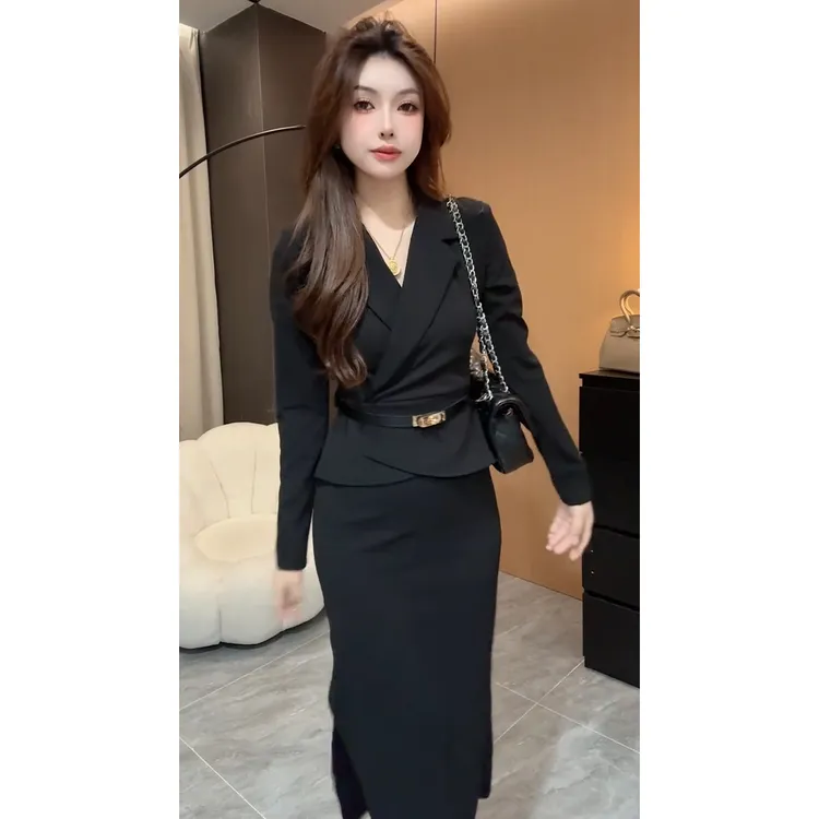 秋季时尚气质中腰包臀裙女神范职业装长袖修身显瘦假两件连衣裙
