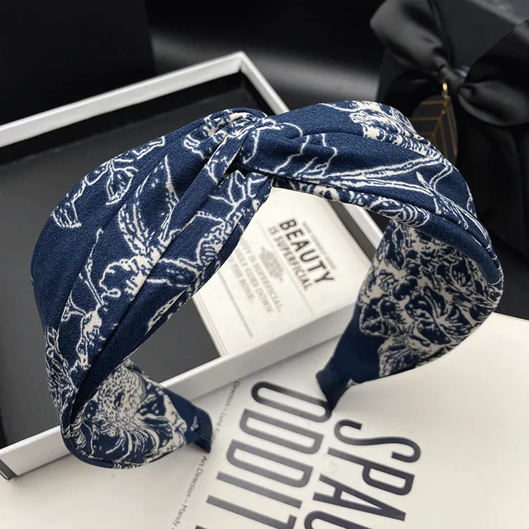 蓝色系列印花交叉气质发卡发箍女时尚宽边高级感小众法式百搭头箍