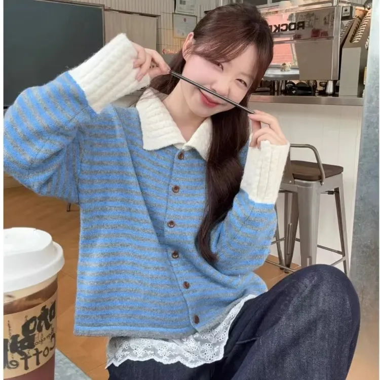 韩版拼色翻领条纹针织开衫女2025秋冬季新款宽松软糯百搭毛衣外套