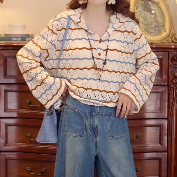 撞色条纹镂空连帽针织衫女秋薄款帽衫韩系减龄长袖上衣LK2506011