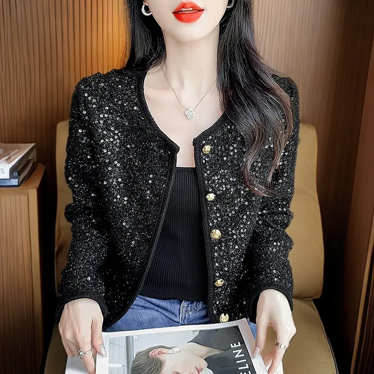 新款圆领单排扣亮片宽松简约百搭小香风上衣外套