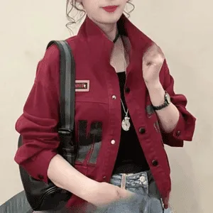 立领牛仔外套女2025春季新款欧版时尚印花宽松百搭抽绳女装上衣潮