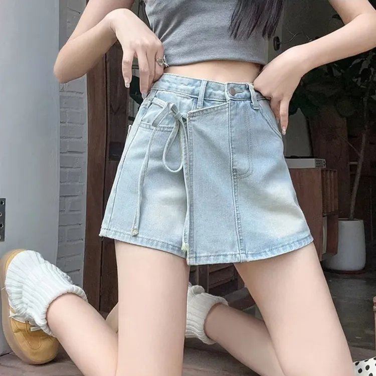 【柚柚】夏季新款高腰显瘦弹力胖mm牛仔短裤女防走光A字裙裤66678