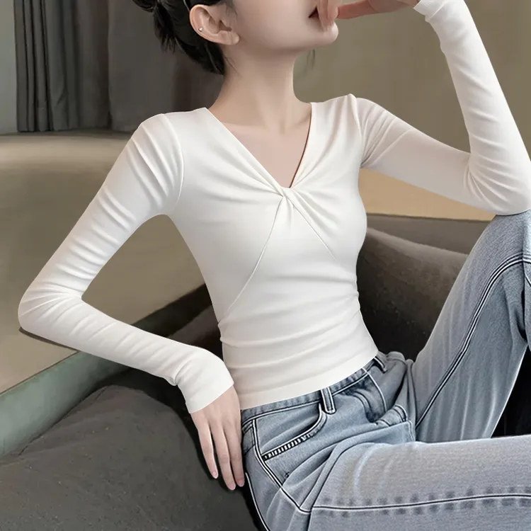 2025新款V领扭结长袖女白色复古秋冬气质螺纹内搭设计感修身上衣