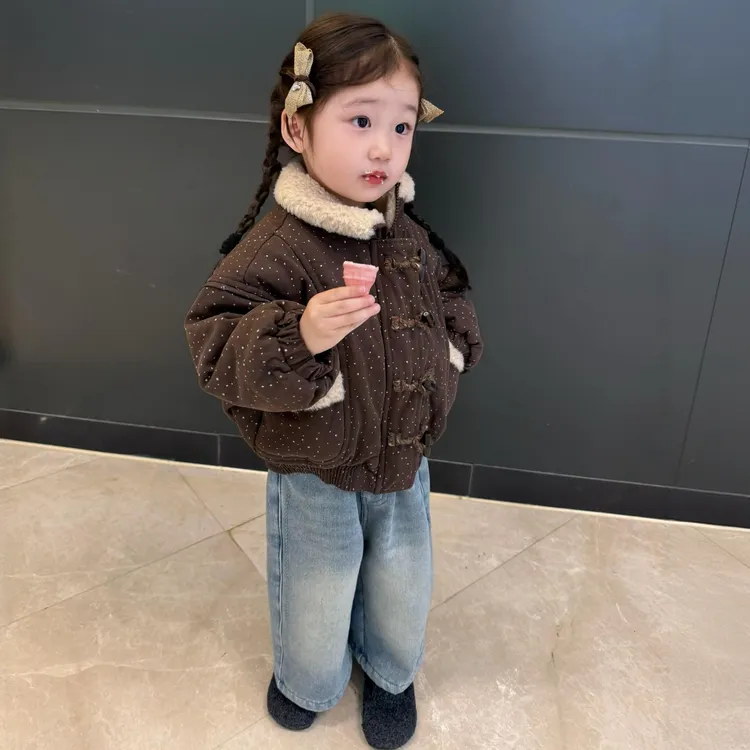 森系女童保暖棉服冬季儿童小清新加厚波点牛角扣毛绒立领加绒棉衣
